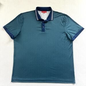 Redvanly Men Teal Green Blue Allover Print Performance Short Sleeve Golf Polo XL
